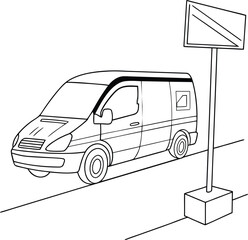 Illustration of a mail delivery van featuring a prominent postal service logo on a clean white background