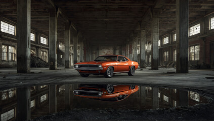 Classic car reflection in abandoned industrial background urban environment high-quality photography dramatic viewpoint