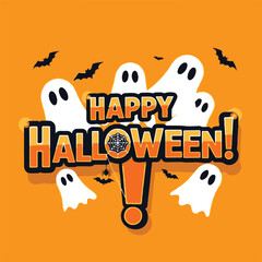 Happy halloween greeting with ghosts and bats on orange background