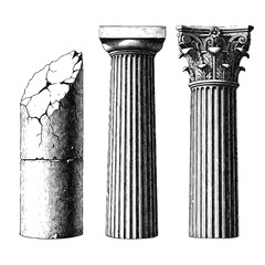 Three ancient greek column styles isolated on white background