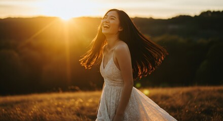 Happy woman in dress spinning in park during sunset. Summer joy and freedom concept. Golden hour light.