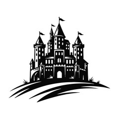 Fantasy castle with flags on a hill isolated on white background