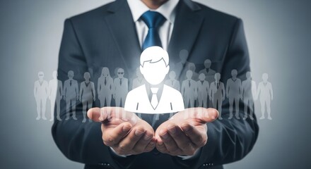 Businessman's hands holding a highlighted person icon, surrounded by other icons representing a larger group.