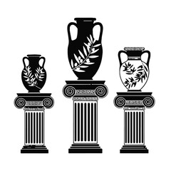 Three ancient greek amphorae on pedestals with olive branches