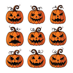 Nine different carved pumpkins with spooky faces