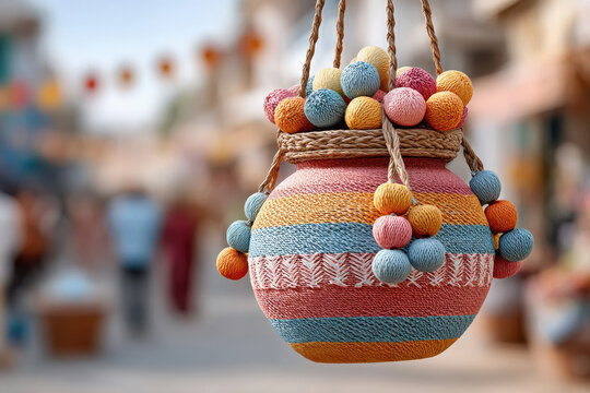 Close-up of colorful dahi handi pot hanging in street.