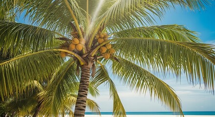 Tropical Palm Tree with Coconuts Under Sunny Sky.