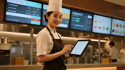 Restaurant worker holding a digital tablet in front of an electronic menu board