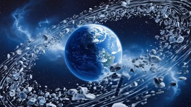 Blue planet Earth with abstract blue background and glowing fiber optic light spots in space - Powered by Adobe