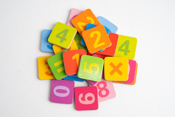 Obraz premium Number wood block cubes for learning Mathematic, education math.