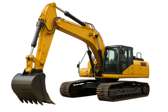 Powerful crawler excavator in bright yellow with steel tracks, isolated heavy equipment for industrial and construction design