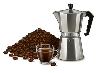 Savor rich espresso from a classic stovetop maker beside a mountain of fresh coffee beans.