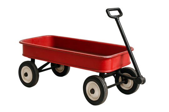 Red toy wagon with deep tray and white rims, minimalist studio isolation for e‑commerce, packaging, and print layouts