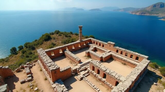 Flyover of the Temple of Athena ruins in Assos with sea background