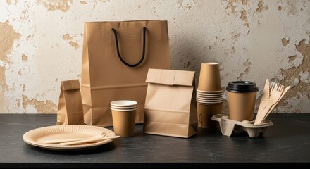 Brown paper bags, cups, and plates arranged on a dark surface, showcasing eco-friendly disposable tableware.