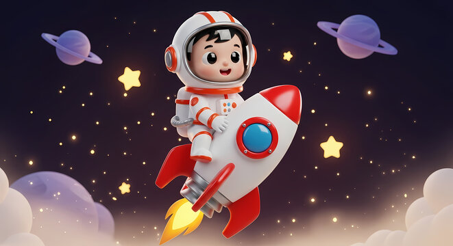 Kid Astronaut Riding a Rocket in Cartoon Night Sky
