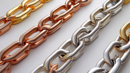 Fototapeta premium Three metallic chains in gold, rose gold, and silver tones lie in overlapping horizontal rows against a light background, showcasing a modern jewelry design.