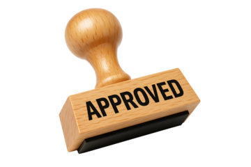 Authorization Confirmed Rubber Stamp Design with Bold Approved Text on Wooden Block