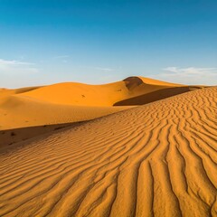 A vast expanse of golden dunes stretches under a clear, vibrant blue sky, showcasing intricate wind patterns.