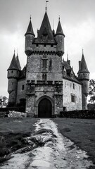 Fototapeta premium A grand, imposing stone castle stands sentinel, its weathered towers piercing a somber sky.