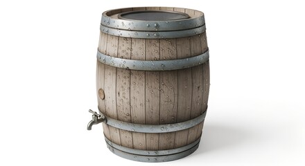 Obraz premium An old rustic wooden barrel with metal hoops and a spigot, isolated on a white background.