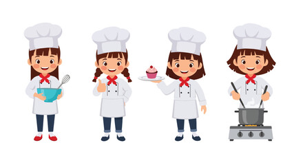 Set of cartoon illustrations of kids dressed as chefs in uniforms holding bowl, spoon, and rolling pin, symbolizing cooking, culinary arts, teamwork, food preparation, and career role play