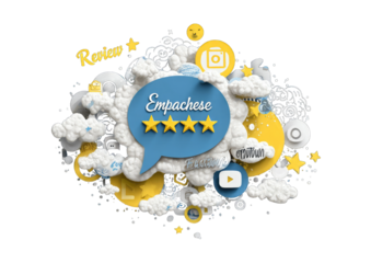 Abstract graphic with speech bubble, stars, and social media icons