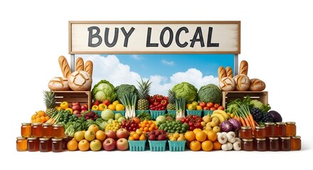 Abundant display of fresh fruits, vegetables, bread, and honey jars arranged attractively under a "BUY LOCAL" sign, promoting fresh produce and local commerce.
