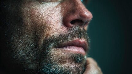 Fototapeta premium A detailed close-up portrait of a man with a salt and pepper beard in a thoughtful mood.