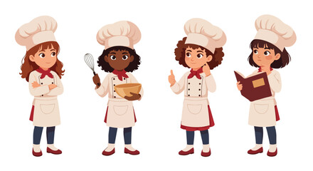 Set of cartoon illustrations of kids dressed as chefs in uniforms holding bowl, spoon, and rolling pin, symbolizing cooking, culinary arts, teamwork, food preparation, and career role play