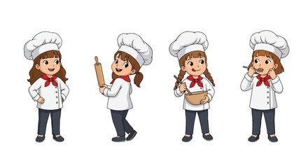 Set of cartoon illustrations of kids dressed as chefs in uniforms holding bowl, spoon, and rolling pin, symbolizing cooking, culinary arts, teamwork, food preparation, and career role play