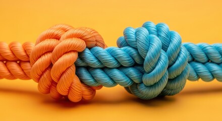 Obraz premium Close-up of two intertwined ropes, tied in a knot, against a bright orange background.