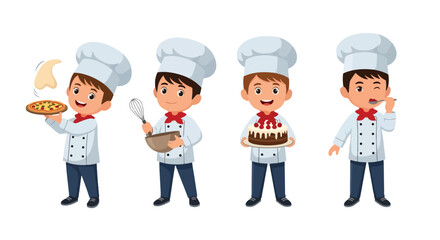 Set of cartoon illustrations of kids dressed as chefs in uniforms holding bowl, spoon, and rolling pin, symbolizing cooking, culinary arts, teamwork, food preparation, and career role play