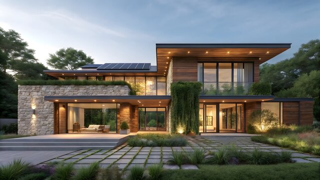 Modern luxury residence with stone and wood facade and lush landscaping