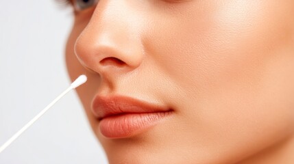 Naklejka premium A woman's face during a nasal swab test, highlighting the process of medical diagnosis.