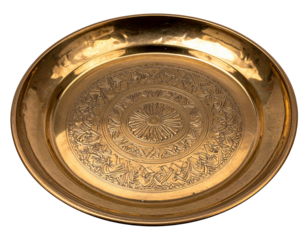 A bronze tray captured at a three-quarter side angle, highlighting its engraved patte 608658