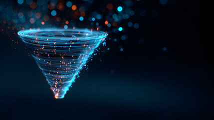 Big data technology and information funnel concept. arge digital funnel with oline data as process of daa collection, analysis, an transformation into usefu information. Modern, digial style.