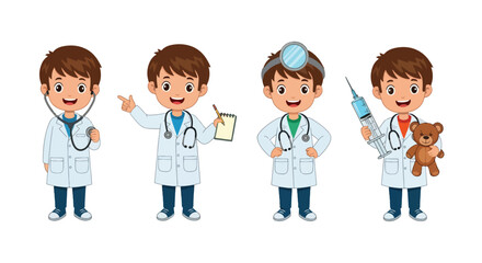 Set of cartoon illustrations of kids dressed as doctors in medical uniforms with stethoscope, clipboard, and lab coat, symbolizing healthcare, medicine, teamwork, and education for career role play
