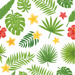 Beautiful vector tropical seamless pattern with hand drawn digital palm tree leaves and jungle flowers.