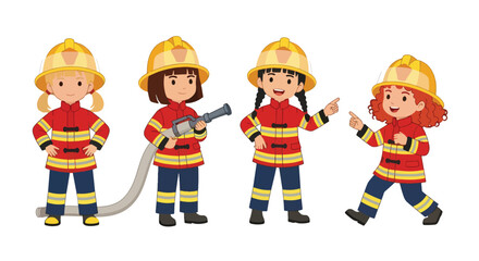 Set of cartoon illustrations of kids dressed as firefighters in uniforms holding hose, axe, and helmet, symbolizing fire safety, rescue teamwork, emergency service, and career role play for education