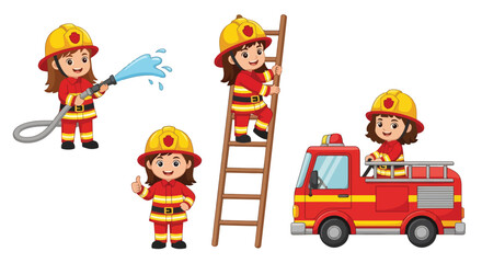 Set of cartoon illustrations of kids dressed as firefighters in uniforms holding hose, axe, and helmet, symbolizing fire safety, rescue teamwork, emergency service, and career role play for education