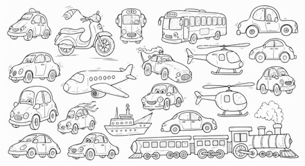 Vector icon set of black and white vehicles including cars, buses, trucks, motorcycles, bicycles, airplanes, ships, and trains