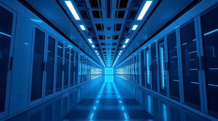 Fototapeta premium Futuristic Data Center Corridor with Endless Server Depth