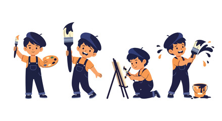 Set of cartoon illustrations of kids dressed as artists painting with brushes, palettes, and easel, symbolizing creativity, art education, imagination, and artistic expression for learning