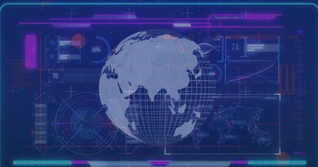Animation of infographic data processing with globe on digital interface - Powered by Adobe