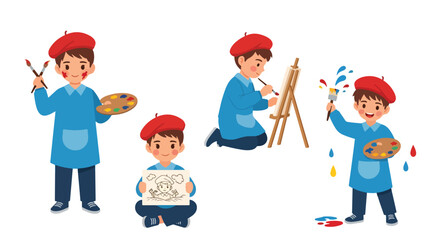 Set of cartoon illustrations of kids dressed as artists painting with brushes, palettes, and easel, symbolizing creativity, art education, imagination, and artistic expression for learning