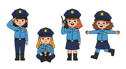 Set of cartoon illustrations of kids dressed as police officers in uniforms saluting, investigating with magnifier, chasing, and driving toy police car, symbolizing law enforcement, safety