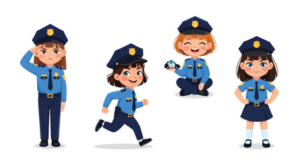 Set of cartoon illustrations of kids dressed as police officers in uniforms saluting, investigating with magnifier, chasing, and driving toy police car, symbolizing law enforcement, safety