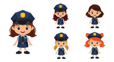 Set of cartoon illustrations of kids dressed as police officers in uniforms saluting, investigating with magnifier, chasing, and driving toy police car, symbolizing law enforcement, safety
