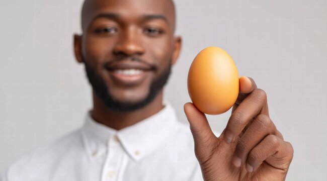 Happy black man holding a fresh egg in his hand, smiling